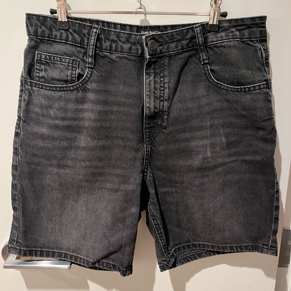 Frank & Oak Stevie black wash high rise long denim shorts Size 30, 33 inch waist
